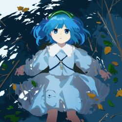 Rule 34 | 1girl, blue eyes, blue hair, blue shirt, blue skirt, collared shirt, commentary request, flat chest, green headwear, hat, jewelry, kaigen 1025, kawashiro nitori, key, key necklace, leaf, long sleeves, lying, necklace, on back, parted lips, pocket, shirt, short twintails, skirt, touhou, twig, twintails, water