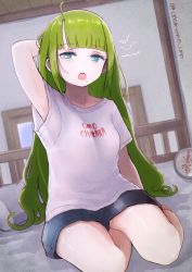 Rule 34 | 1girl, ahoge, alternate costume, alternate hairstyle, bed, blue eyes, blue shorts, blunt bangs, casual, clothes writing, commentary request, green hair, hair down, kantai collection, long hair, looking at viewer, open mouth, shirt, shorts, sitting, solo, someno haru, t-shirt, twitter username, very long hair, white shirt, yawning, yokozuwari, yuugumo (kancolle)