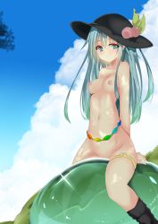 Rule 34 | 1girl, aqua eyes, black legwear, blue hair, blue sky, breasts, closed mouth, cloud, cloudy sky, dappled sunlight, day, eyebrows, food, fruit, gradient hair, green hair, hat, hinanawi tenshi, long hair, looking at viewer, medium breasts, mikagemaru (mikage000), multicolored hair, navel, nipples, nude, outdoors, peach, pussy, sitting, sky, smile, solo, sunlight, touhou, uncensored, wet