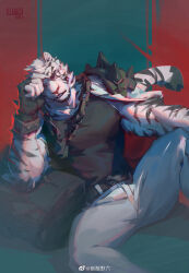 Rule 34 | 1boy, absurdres, animal ears, arknights, artist request, bara, biceps, elbow rest, facial hair, feet out of frame, furry, furry male, goatee, highres, jacket, jacket on shoulders, large pectorals, looking at viewer, male focus, mountain (arknights), muscular, muscular male, pants, pectorals, scar, scar across eye, scar on arm, short hair, sitting, solo, spread legs, thick eyebrows, tiger boy, tiger ears, white hair