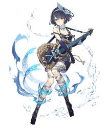 Rule 34 | 1girl, alice (sinoalice), barefoot, blue hair, breasts, choker, earrings, elbow gloves, feet, full body, gloves, guitar, hair ribbon, hairband, instrument, jewelry, ji no, looking at viewer, medium breasts, music, official art, overalls, playing instrument, ribbon, short hair, shorts, sinoalice, solo, suspenders, suspenders slip, swimsuit, swimsuit under clothes, tattoo, transparent background, water, yellow eyes