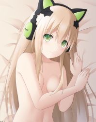 Rule 34 | 1girl, :3, animal ear headphones, animal ears, artist name, bad id, bad pixiv id, bed sheet, blonde hair, breasts, cat ears, collarbone, commentary request, convenient arm, fake animal ears, girls&#039; frontline, green eyes, gun, hair between eyes, hair censor, hair over breasts, hands up, headphones, highres, keenh, long hair, looking at viewer, lying, navel, nude, on back, sidelocks, signature, small breasts, solo, stomach, tmp (girls&#039; frontline), upper body, very long hair, weapon