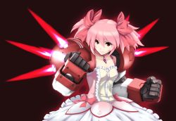 Rule 34 | 10s, 1girl, aura, bow, brown background, bubble skirt, choker, clenched hand, clenched hands, collarbone, dress, fighting stance, fusion, gundam, gundam age, gundam age-1, gundam age-1 titus, hair bobbles, hair bow, hair ornament, kaname madoka, magical girl, mahou shoujo madoka magica, mahou shoujo madoka magica (anime), mecha, mecha musume, mechanical arms, nagi-kaze, pink hair, red eyes, robot, short twintails, simple background, skirt, solo, twintails