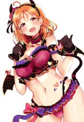 Rule 34 | 1girl, :d, ahoge, armband, bare shoulders, bat ornament, bikini, bikini top only, black horns, blush, bodypaint, bow skirt, bra, braid, breasts, cameltoe, cleavage, covered erect nipples, cowboy shot, crop top, curvy, demon girl, demon horns, demon tail, demon wings, detached collar, fang, flower, frilled bra, frilled gloves, frilled panties, frills, fur trim, gloves, gluteal fold, groin, hair flower, hair ornament, hairband, heart, heart-shaped ornament, heart hair ornament, highleg, highleg panties, highres, hip bones, holding own tail, holding tail, horn ornament, horns, jewelry, kuzu kow, lace, lace hairband, looking at viewer, love live!, love live! school idol festival, love live! sunshine!!, markings, medium breasts, microskirt, midriff, narrow waist, navel, open mouth, orange hair, panties, puffy nipples, raised eyebrows, red eyes, shiny skin, short hair, side braid, simple background, skin fang, skirt, smile, solo, stomach, swimsuit, tail, takami chika, thong, underwear, w arms, white background, wide hips, wings