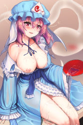 Rule 34 | 1girl, azure-maya, bare legs, blue hat, blue kimono, blush, breasts, breasts out, brown background, collarbone, commentary, cup, drunk, gradient background, hair between eyes, hat, highres, hitodama, japanese clothes, kimono, large breasts, legs together, looking at viewer, medium hair, mob cap, nipples, off shoulder, one breast out, open mouth, pink hair, red eyes, saigyouji yuyuko, sakazuki, simple background, sitting, smile, solo, spilling, squeans, thighs, touhou, triangular headpiece, wet