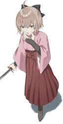 Rule 34 | 1girl, ahoge, black ribbon, blonde pubic hair, blood, bloody weapon, boots, elbow gloves, fate/grand order, fate (series), fingerless gloves, gloves, green eyes, hair between eyes, hair ribbon, hakama, hakama skirt, highres, holding, holding sword, holding weapon, japanese clothes, kimono, okita souji (fate), okita souji (koha-ace), oshage (osyage921), pink kimono, red hakama, ribbon, simple background, skirt, solo, sword, weapon, white background