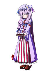 Rule 34 | 1girl, bad id, bad pixiv id, book, chiko2, female focus, full body, hair ribbon, hat, highres, long hair, patchouli knowledge, purple eyes, purple hair, ribbon, simple background, solo, standing, touhou, white background