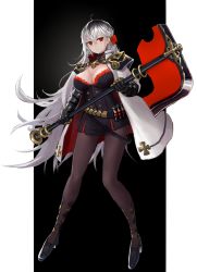 Rule 34 | 1girl, axe, black pantyhose, breasts, cleavage, cloak, dress, full body, gauntlets, hair ornament, highres, holding, holding weapon, large breasts, legs apart, long hair, looking at viewer, mihato senba, original, pantyhose, red eyes, silver hair, smile, solo, standing, weapon