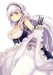 Rule 34 | 1girl, ass, azur lane, belfast (azur lane), blush, breasts, cannon, cleavage, closed mouth, clothes lift, commentary, dress, dress lift, elbow gloves, frilled dress, frills, gloves, highres, large breasts, lifting own clothes, light purple hair, long hair, looking at viewer, looking to the side, machinery, maid, maid headdress, pantyhose, purple eyes, simple background, smile, solo, thighband pantyhose, white background, white gloves, white pantyhose, yoshizawa tsubaki