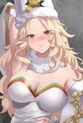 Rule 34 | 1girl, arm up, armpits, blonde hair, blush, breasts, cleavage, clothes lift, eyes visible through hair, fur collar, fur hat, goddess of victory: nikke, hat, highres, large breasts, long hair, looking at viewer, ludmilla (nikke), moemochilatte, nail polish, open clothes, parted bangs, parted lips, red eyes, simple background, smile, wavy hair, winter clothes