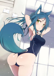 Rule 34 | 1girl, animal ears, armpits, arms behind head, arms up, ass, blue hair, blush, braid, breasts, competition swimsuit, dog ears, fox ears, fox tail, from behind, goggles, green eyes, green hair, hair ornament, hairclip, long hair, looking back, matching hair/eyes, maze (gochama ze gohan), one-piece swimsuit, one-piece thong, open mouth, original, panties, ponytail, solo, swimsuit, tail, thong, underwear, wet
