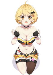 Rule 34 | 1girl, absurdres, ahoge, asymmetrical legwear, bad id, bad pixiv id, bat hair ornament, black gloves, black panties, black thighhighs, blonde hair, breasts, choker, cleavage, collarbone, earrings, fang, fingerless gloves, garter straps, gloves, hair ornament, hairclip, hebaodan, highleg, highleg panties, highres, hololive, jewelry, kneeling, large breasts, looking at viewer, medium hair, navel, open mouth, panties, revealing clothes, see-through, short shorts, shorts, single garter strap, single thighhigh, skin fang, skindentation, solo, star (symbol), thigh strap, thighhighs, underwear, uneven legwear, user ykxp2544, virtual youtuber, white background, yellow eyes, yozora mel, yozora mel (2nd costume)
