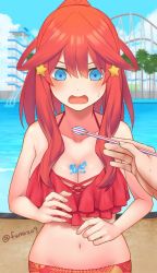 Rule 34 | 1girl, amusement park, arms behind back, bare shoulders, bikini, bikini top only, blue eyes, blush, breasts, cleavage, collarbone, commentary request, feeding, food, food on body, food on breasts, frilled bikini, frilled bikini top, frills, fumazu9, go-toubun no hanayome, hair between eyes, hair ornament, halterneck, high ponytail, highres, ice cream, large breasts, long hair, looking down, nakano itsuki, navel, open mouth, ponytail, pool, red bikini, red hair, red sarong, roller coaster, sarong, sidelocks, solo, spoon, standing, star (symbol), star hair ornament, stomach, sweatdrop, swimsuit, tree, twitter username, water, water slide