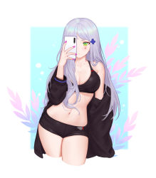 Rule 34 | 1girl, bare shoulders, black jacket, blush, breasts, cellphone, cleavage, collarbone, cowboy shot, cropped legs, facial mark, girls&#039; frontline, green eyes, hair ornament, highres, hk416 (girls&#039; frontline), holding, holding phone, jacket, large breasts, long hair, looking at phone, nail polish, navel, off shoulder, phone, pink nails, short shorts, shorts, silver hair, siun, smartphone, solo, stomach, teardrop, thighs, very long hair