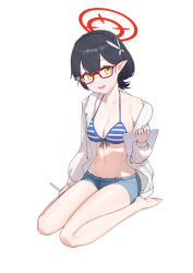 Rule 34 | 1girl, :d, absurdres, ayane (blue archive), ayane (swimsuit) (blue archive), barefoot, bikini, bikini top only, black hair, blue archive, blue bikini, braid, breasts, denim, denim shorts, flower, front-tie bikini top, front-tie top, full body, glasses, hair flower, hair ornament, halo, highres, holding, holding pen, holding tablet pc, jacket, jacket over swimsuit, light blush, long sleeves, looking at viewer, maoxian qiu wan maoxian, medium breasts, open clothes, open jacket, open mouth, pen, pointy ears, short hair, short shorts, shorts, simple background, sitting, smile, solo, striped bikini, striped clothes, swimsuit, tablet pc, wariza, white background, white jacket, yellow eyes