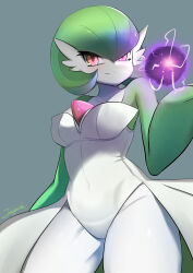 Rule 34 | 1girl, arm at side, artist name, bare shoulders, blush, bob cut, breasts, closed mouth, clothed pokemon, collarbone, colored skin, cosplay, covered navel, cowboy shot, creatures (company), energy ball, female focus, game freak, gardevoir, gen 3 pokemon, glowing, green hair, green skin, grey background, hair between eyes, hair over one eye, hand up, happy, highres, john (a2556349), leotard, light blush, looking at viewer, medium breasts, mega gardevoir, mega gardevoir (cosplay), mega pokemon, multicolored skin, nintendo, pokemon, pokemon (creature), pokemon move, red eyes, shadow ball (pokemon), short hair, signature, simple background, smile, solo, split mouth, standing, strapless, strapless leotard, thick thighs, thighs, two-tone skin, white leotard, white skin