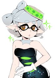 Rule 34 | 1girl, bare arms, bare shoulders, black dress, bow-shaped hair, breasts, collarbone, detached collar, dress, earrings, food, food on head, gloves, grey hair, highres, hoop earrings, inkling, jewelry, marie (splatoon), milka (milk4ppl), mole, mole under eye, nintendo, object on head, pointy ears, short dress, short ponytail, solo, splatoon (series), strapless, strapless dress, sushi, swept bangs, tentacle hair, thick eyebrows, white gloves, yellow eyes