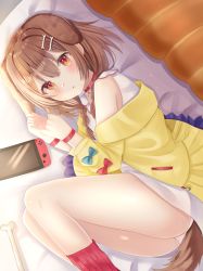 Rule 34 | 1girl, :o, animal ears, bad id, bad pixiv id, blush, bone, bone hair ornament, brown eyes, brown hair, calf socks, choker, clothes lift, commentary request, dog ears, dog girl, dog tail, dress, fetal position, from above, hair between eyes, hair ornament, highres, hololive, inugami korone, inugami korone (1st costume), jacket, light particles, looking at viewer, lying, nibosi, nintendo switch, off shoulder, on bed, on side, panties, partial commentary, pink legwear, red choker, short hair, skirt, skirt lift, sleeveless, sleeveless dress, solo, tail, underwear, virtual youtuber, white dress, white panties, wristband, yellow jacket