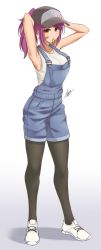 Rule 34 | 1girl, airisubaka, armpits, arms up, bandaid, bandaid on cheek, bandaid on face, bare arms, baseball cap, breasts, brown eyes, brown pantyhose, collarbone, commentary, crop top, denim, english commentary, full body, grey background, hair tie, hair tie in mouth, hat, highres, large breasts, leah (airisubaka), pantyhose under shorts, long hair, looking at viewer, mouth hold, original, overall shorts, overalls, pantyhose, ponytail, purple hair, shirt, shoes, shorts, signature, sleeveless, sleeveless shirt, sneakers, solo, standing, white footwear, white shirt