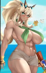 Rule 34 | 1girl, abs, absurdres, barghest (fate), barghest (swimsuit archer) (fate), beach, biceps, blonde hair, blue sky, breast curtains, breasts, fate/grand order, fate (series), green eyes, green scarf, grey skirt, gun, high ponytail, highres, horns, large breasts, long hair, looking at viewer, miniskirt, muscular, muscular female, navel, raskasar, scarf, sidelocks, skirt, sky, solo, tan, thick thighs, thighs, weapon