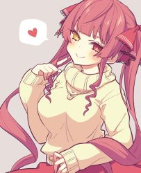 Rule 34 | 1girl, blunt bangs, blush, commentary request, grey background, hair ribbon, heart, heart necklace, heterochromia, highres, hololive, houshou marine, jewelry, long hair, long sleeves, looking at viewer, necklace, petit ramune, red eyes, red ribbon, red skirt, ribbon, sidelocks, simple background, skirt, sleeves past wrists, smile, solo, spoken heart, sweater, turtleneck, turtleneck sweater, twintails, upper body, virtual youtuber, yellow eyes