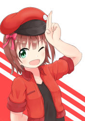 Rule 34 | 10s, 1girl, ;d, absurdres, amami haruka, arm behind back, arm up, black shirt, blush, bow, breasts, brown hair, cabbie hat, collarbone, collared jacket, cosplay, cropped jacket, feiyyx, green eyes, hair between eyes, hair bow, hat, hataraku saibou, highres, idolmaster, idolmaster (classic), jacket, long hair, looking at viewer, one eye closed, open clothes, open jacket, open mouth, red background, red blood cell (hataraku saibou), red blood cell (hataraku saibou) (cosplay), red bow, red hat, red jacket, shirt, short sleeves, small breasts, smile, solo, two-tone background, white background