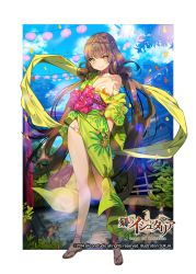 Rule 34 | 1girl, age of ishtaria, anklet, breasts, brown hair, circlet, copyright notice, female focus, full body, japanese clothes, jewelry, kimono, long hair, necklace, no socks, original, panties, sandals, smile, sukja, toki no ishutaria, underwear, very long hair, yellow eyes