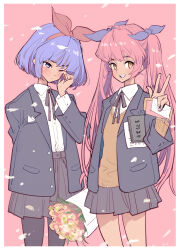 Rule 34 | 2girls, alternate costume, arm at side, arm behind back, black jacket, black ribbon, black skirt, blazer, blue hair, blue ribbon, blush, bouquet, brown sweater, carrying, carrying under arm, collared shirt, commentary request, envelope, falling petals, flower, graduation, grin, hair ribbon, hairband, hand up, highres, holding, holding bouquet, holding envelope, jacket, lapels, letter, long hair, long sleeves, looking at viewer, love letter, multiple girls, neck ribbon, omega ray, omega rio, omega sisters, open clothes, open jacket, petals, pink background, pink hair, pleated skirt, red hairband, red ribbon, ribbon, school uniform, shirt, shirt tucked in, short hair, simple background, skirt, smile, standing, sweater, tamo (gaikogaigaiko), tearing up, tears, translation request, twintails, virtual youtuber, w, white shirt, wiping tears, yellow eyes