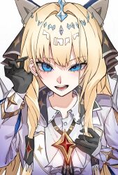 Rule 34 | 1girl, armored gloves, blonde hair, blue eyes, coat, collared shirt, crown (nikke), diadem, drill hair, goddess of victory: nikke, hair ornament, headgear, jewelry, kuminikke, long hair, looking at viewer, necklace, open mouth, shirt, solo, white coat, white shirt
