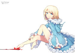 Rule 34 | 1girl, artist name, bare legs, barefoot, blonde hair, blood on feet, blood trail, blue dress, blue eyes, closed mouth, collar, copyright name, crossed legs, dress, english text, fate/prototype, fate (series), flower, frilled collar, frilled dress, frilled sleeves, frills, from side, hand on own leg, jehyun, knee up, light smile, long sleeves, looking at viewer, looking to the side, medium hair, plantar flexion, ribbon, sajou manaka, simple background, sitting, solo, star (symbol), swept bangs, toe-point, white background, wide sleeves