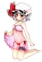 Rule 34 | 1girl, blush, breasts, cleavage, collarbone, female focus, hat, hat ribbon, bridal garter, lingerie, navel, negligee, nightgown, patatata, red eyes, remilia scarlet, ribbon, see-through, short hair, small breasts, smile, solo, touhou, underwear, white background