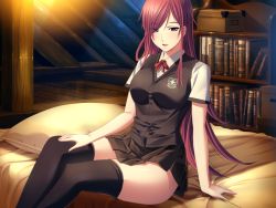 Rule 34 | 1girl, arm support, black skirt, black thighhighs, black vest, blush, book, bookshelf, breasts, character request, eyes visible through hair, game cg, hand on own thigh, indoors, long hair, looking at viewer, m&amp;m, medium breasts, neck ribbon, open mouth, pillow, red hair, red ribbon, ribbon, school uniform, sei estera gakuin no shichinin no majo, shirt, short sleeves, sitting, skirt, smile, solo, source request, thighhighs, vest, white shirt