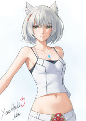 Rule 34 | 1girl, animal ears, bare shoulders, breasts, camisole, cat ears, character name, chest jewel, cleavage, closed mouth, collarbone, copyright name, cowboy shot, grey hair, highres, looking at viewer, midriff, mio (xenoblade), miura-n315, navel, short hair, small breasts, smile, solo, stomach, xenoblade chronicles (series), xenoblade chronicles 3, yellow background