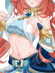 Rule 34 | 1girl, bare shoulders, blue skirt, blush, breasts, brooch, commentary, crop top, detached sleeves, genshin impact, head out of frame, highres, jewelry, large breasts, long hair, long sleeves, midriff, navel, neck ring, nilou (genshin impact), open mouth, red hair, simple background, skirt, solo, stomach, tempe san, upper body, veil, very long hair, white background