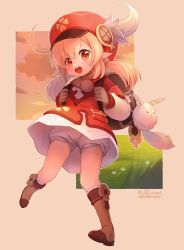 Rule 34 | 1girl, ahoge, backpack, bag, blonde hair, bloomers, boots, brown footwear, brown gloves, character name, copyright name, dodoco (genshin impact), dress, emurin, feathers, full body, genshin impact, gloves, hat, hat feather, highres, klee (genshin impact), knee boots, long hair, open mouth, pointy ears, red dress, red eyes, red hat, short dress, smile, solo, twintails, underwear, white bloomers