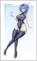 Rule 34 | 1girl, absurdres, aelion draws, artist name, bare arms, bare shoulders, black hairband, black leotard, blue hair, blush, boots, border, breasts, cleavage, closed mouth, collarbone, commentary, commission, covered erect nipples, covered navel, dot nose, english commentary, eula (genshin impact), floating, flower, full body, genshin impact, hair between eyes, hair flower, hair ornament, hairband, hand up, heart, high heel boots, high heels, highleg, highleg leotard, highres, knees together feet apart, large breasts, leotard, multicolored eyes, patreon username, pink lips, shiny clothes, shiny skin, simple background, solo, sparkle, thick thighs, thigh boots, thighs, white border
