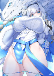 Rule 34 | 1girl, ?, absurdres, animal ear fluff, animal ears, bare shoulders, blouse, blue bow, blue eyes, blue ribbon, blue thighhighs, blush, bow, breasts, cat ears, cat girl, cat tail, detached collar, detached sleeves, dobrynya nikitich (fate), dragon, fate/grand order, fate (series), fur trim, hair bow, hairband, highres, large breasts, long hair, looking at viewer, low ponytail, ribbon, shirt, tail, thighhighs, thighs, watosu, white hair, white shirt