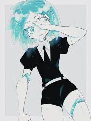 Rule 34 | 1other, a (poipiku 325815), androgynous, belt, black necktie, black shorts, collared shirt, colored eyelashes, commentary request, crystal hair, gem uniform (houseki no kuni), green eyes, green hair, green nails, grey background, hand over eye, hand up, houseki no kuni, looking at viewer, necktie, open mouth, other focus, phosphophyllite, puffy short sleeves, puffy sleeves, severed limb, shirt, short hair, short shorts, short sleeves, shorts, solo, sparkle, white belt, white shirt