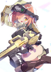 Rule 34 | 1girl, :d, absurdres, ass, beret, boots, breasts, brown footwear, commentary request, commission, covered erect nipples, elbow gloves, from behind, fujishima-sei ichi-gou, gloves, gun, hair over one eye, hat, head-mounted display, highres, knee boots, large breasts, looking at viewer, looking back, military, open mouth, orange hair, original, single elbow glove, skeb commission, smile, solo, thighhighs, weapon, yellow eyes