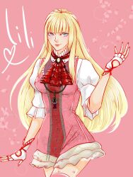 1girl blonde_hair blue_eyes breasts dress emilie_de_rochefort fingerless_gloves gloves lips long_hair looking_at_viewer merry_mcuk petals_in_wind pink_background short_sleeves tekken tekken_8