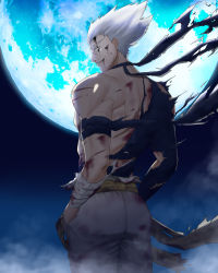 Rule 34 | 1boy, absurdres, bandaged arm, bandages, battle damage, belt, black shirt, blood, blood on face, bruise, bruise on face, cuts, damaged, garou (one-punch man), hands in pockets, highres, injury, male focus, moon, night, night sky, one-punch man, pants, pointy hair, shirt, sky, smile, solo, torn clothes, torn shirt, white hair, white pants, yellow belt, yellow eyes, yngh2445