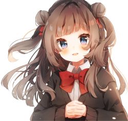 Rule 34 | black cardigan, blue eyes, blush, bow, bowtie, brown hair, cardigan, commentary, double bun, hair bun, hair ribbon, heripiro, highres, long hair, long sleeves, looking at viewer, open cardigan, open clothes, open mouth, original, own hands clasped, own hands together, red bow, red bowtie, red ribbon, ribbon, shirt, solo, symbol-only commentary, two side up, white shirt