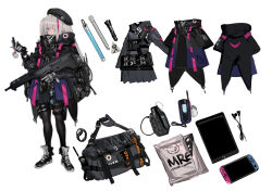 Rule 34 | 1girl, assault rifle, battle rifle, belt pouch, beret, black coat, black footwear, black hat, black pantyhose, bullpup, cellphone, character sheet, coat, colored shoe soles, commentary request, desert tech mdr, earbuds, earphones, explosive, field ration, flashlight, flip phone, full body, girls&#039; frontline, gloves, glowstick, grenade, grey bag, grey gloves, grey hair, grey shirt, grey skirt, grin, gun, hat, holding, holding gun, holding phone, holding weapon, ipad, jacket, long hair, long sleeves, looking at viewer, mdr (girls&#039; frontline), multicolored hair, multiple wristwatches, nintendo switch, official art, one eye closed, one side up, pantyhose, phone, pink hair, pouch, radio, ran (bukeranwu), rifle, shirt, shoes, skirt, smile, sneakers, solo, standing, streaked hair, tablet pc, tactical clothes, thigh strap, trigger discipline, very long hair, walkie-talkie, watch, weapon, weapon bag, white background, wristwatch