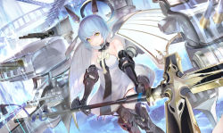 Rule 34 | 119, 1girl, armored boots, azur lane, bare shoulders, blue hair, blue ribbon, boots, breasts, commentary request, dress, gascogne (azur lane), gauntlets, highres, holding, holding spear, holding weapon, looking at viewer, machinery, medium breasts, panties, panty peek, parted lips, polearm, ribbon, short hair, solo, spear, strapless, strapless dress, turret, underwear, weapon, white dress, yellow eyes