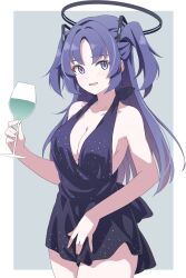 Rule 34 | 1girl, black dress, blue archive, breasts, cleavage, collarbone, cowboy shot, cup, dress, drinking glass, halo, holding, holding cup, large breasts, long hair, looking at viewer, mechanical halo, minasato hibiki, purple eyes, purple hair, short dress, smile, solo, two side up, wine glass, yuuka (blue archive)