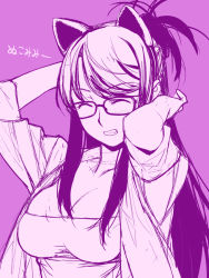 Rule 34 | 1girl, animal ears, black hair, blush, breasts, cat ears, cleavage, closed eyes, glasses, ino (magloid), kisaragi rei, large breasts, monochrome, otome function, simple background, sketch, solo