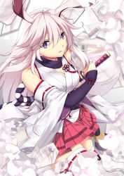 Rule 34 | 1girl, animal ears, arm warmers, bare shoulders, battoujutsu stance, benghuai xueyuan, breasts, broken, broken mirror, cherry blossoms, cleavage, commentary, detached sleeves, eyes visible through hair, fighting stance, fox ears, hair between eyes, highres, honkai (series), japanese clothes, long hair, looking at viewer, medium breasts, mirror, nontraditional miko, obi, parted lips, pink hair, pleated skirt, purple eyes, rabbit ears, ready to draw, red skirt, reflection, ribbon-trimmed legwear, ribbon-trimmed sleeves, ribbon trim, rope, sash, serious, sheath, sheita, shimenawa, sidelocks, skirt, solo, standing, tassel, thighhighs, white thighhighs, yae sakura, yae sakura (benghuai xueyuan), yae sakura (gyakushinn miko), zettai ryouiki
