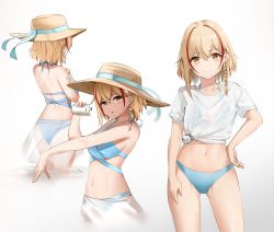 Rule 34 | 1girl, alternate costume, alternate hairstyle, azur lane, bare shoulders, bikini, bikini under clothes, blonde hair, blouse, blue bikini, braid, breasts, collarbone, commentary request, earrings, hand on own hip, jewelry, large breasts, looking at viewer, lotion, lotion bottle, midriff, multicolored hair, multiple views, navel, qing wu, red hair, ring, roon (azur lane), see-through, see-through shirt, see-through skirt, shirt, short hair, side braid, skirt, smile, streaked hair, sunscreen, swimsuit, t-shirt, tied shirt, wedding band, white background, white shirt, white skirt, yellow eyes