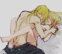 Rule 34 | 1boy, 1girl, blonde hair, blush, boy on top, clothed male nude female, clothed sex, completely nude, edward elric, facing away, fullmetal alchemist, hetero, holding hands, leaning, leaning forward, leg lock, missionary, nude, open mouth, pants, ponytail, sex, sweat, tears, toenails, topless male, tsukuda0310, winry rockbell