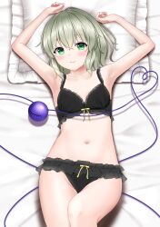 Rule 34 | 1girl, :3, absurdres, armpits, arms up, bare arms, black bra, black panties, blush, bra, breasts, bright pupils, closed mouth, collarbone, commentary request, commission, cowboy shot, crossed bangs, eyelashes, frilled bra, frilled panties, frills, green eyes, green hair, groin, hair between eyes, head on pillow, heart, heart of string, highres, komeiji koishi, lingerie, looking at viewer, lying, medium hair, navel, no headwear, nyanyanoruru, on back, on bed, panties, pillow, ribbon, skeb commission, small breasts, smile, solo, third eye, touhou, tsurime, underwear, underwear only, yellow ribbon